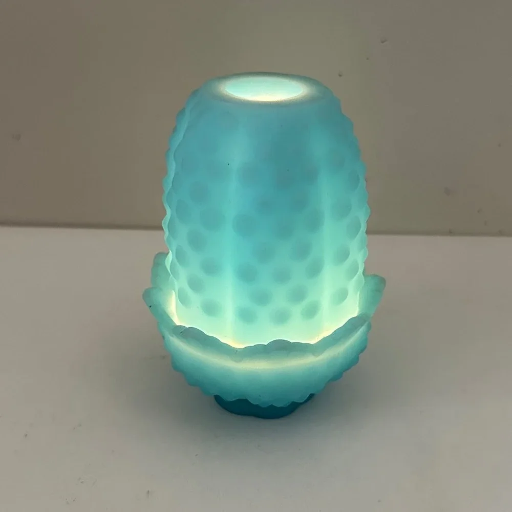 Fenton Blue Satin Glass Hobnail Fairy Lamp 2 Piece Votive Candle Holder 4.5